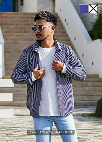 23/ストライプシアサッカーロングシャツ