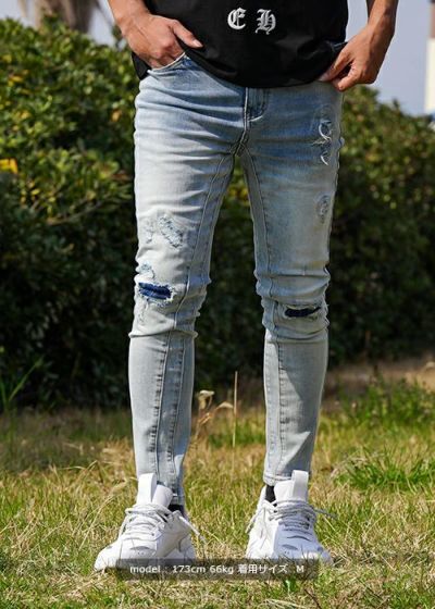 【SALE】L/インディゴダメージデニムロングパンツ