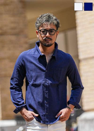 プレーンストライプストレッチロングシャツ